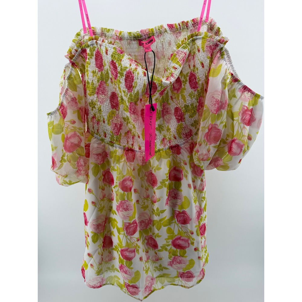 Betsey Johnson XXL Floral Off Shoulder Smocked Blouse Pink Rose Cottagecore NWT